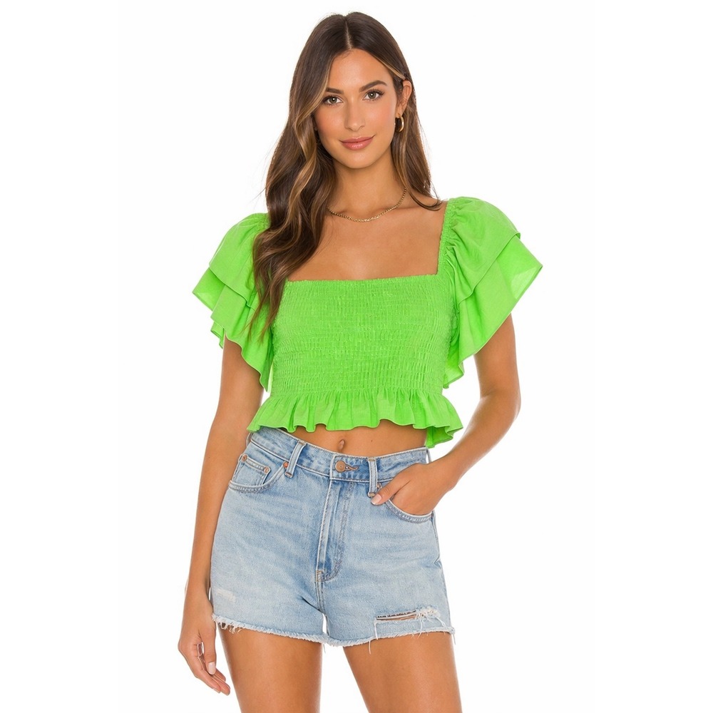 Ramy Brook Smocked Ruffle Crop Top Lime Green XS Dopamine Vacation Colorful Boho